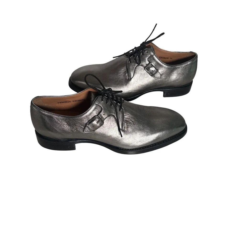 John Varvatos Mens Metallic Silver Leather Derby Buckle Shoes Size 11
